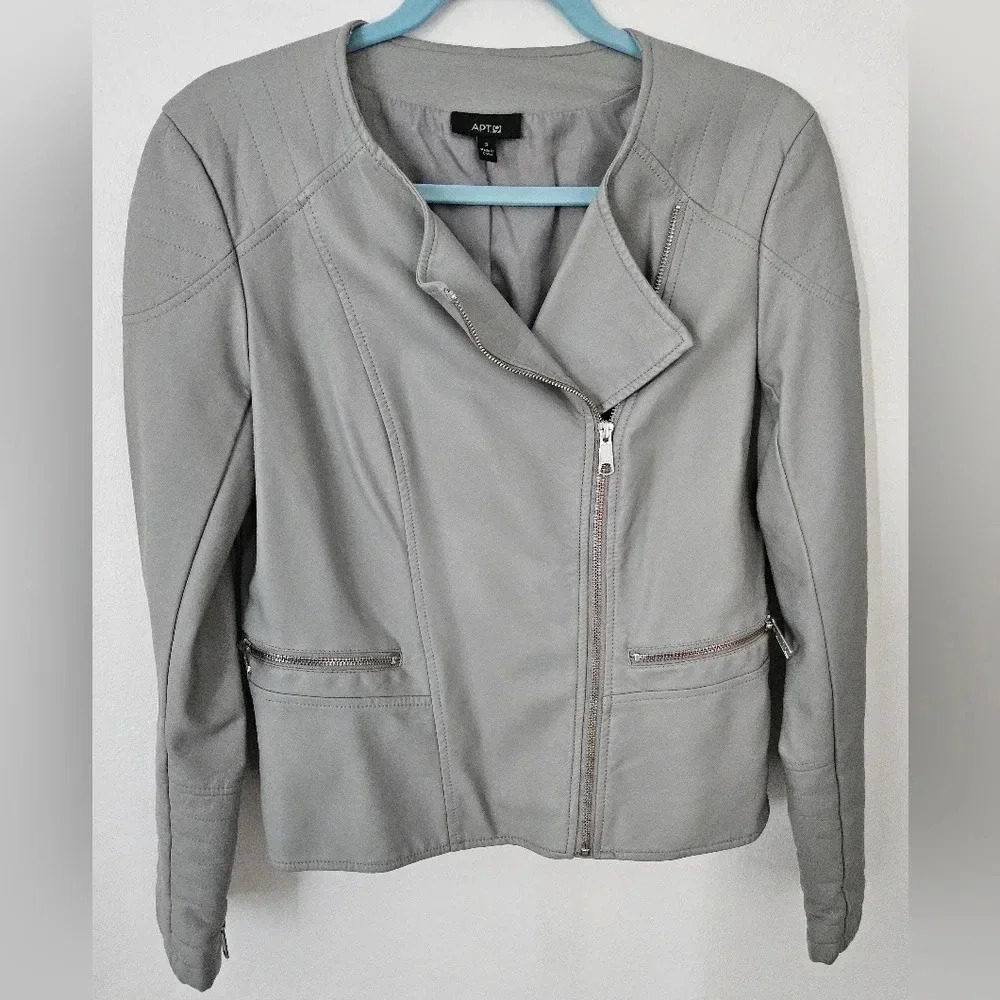 APT‎ 9 Women Gray Faux Leather Moto Jacket Collarless Zipper Front Size S